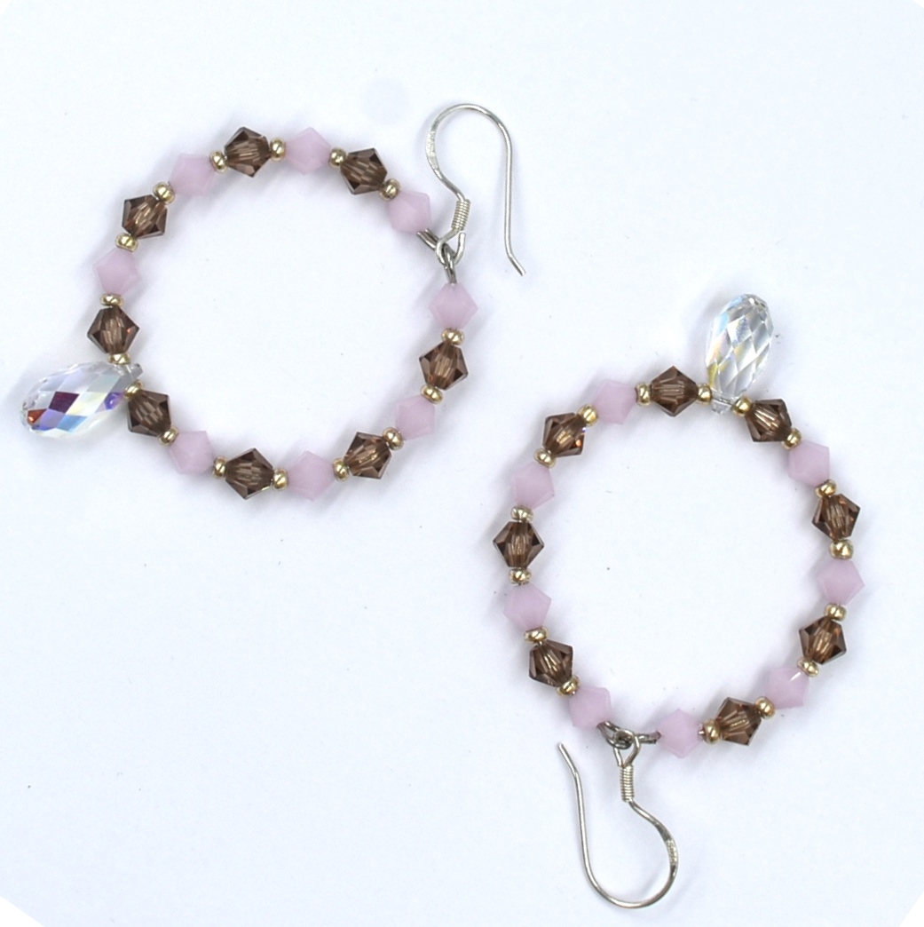 Pendientes tipo corona con cristal austriaco rosa y ámbar. Gota cristal AB