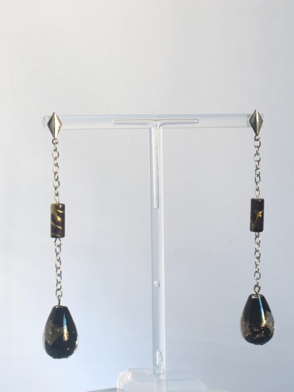 Pendientes largos de cristal negro y plata